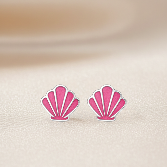 Sterling Silver Pink Seashell Stud Earrings with Enamel