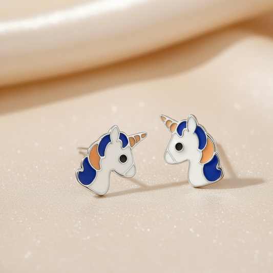 Sterling Silver Unicorn Stud Earrings with Black & Orange Enamel