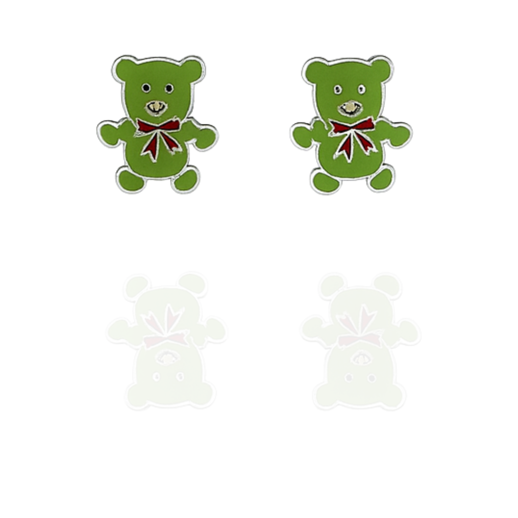 925 sterling silver Teddy Bear Stud Earrings with Green & Red Enamel
