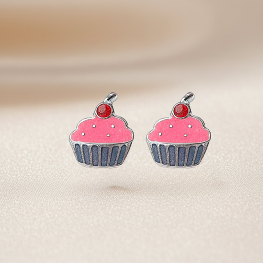 Sterling Silver Cupcake Stud Earrings with Pink Enamel