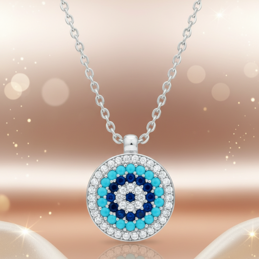 Sterling Silver Evil Eye Pendant Necklace with Blue Stone & White CZ