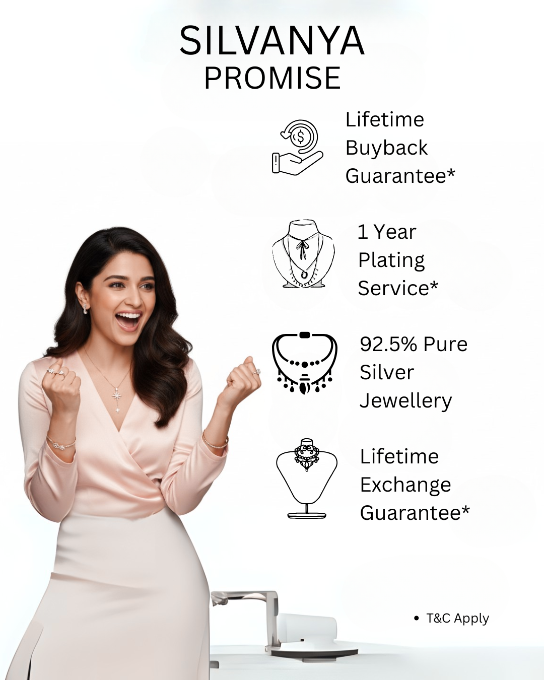 Advertisement for Silvanya Promise jewelry with a woman and product images on a white background