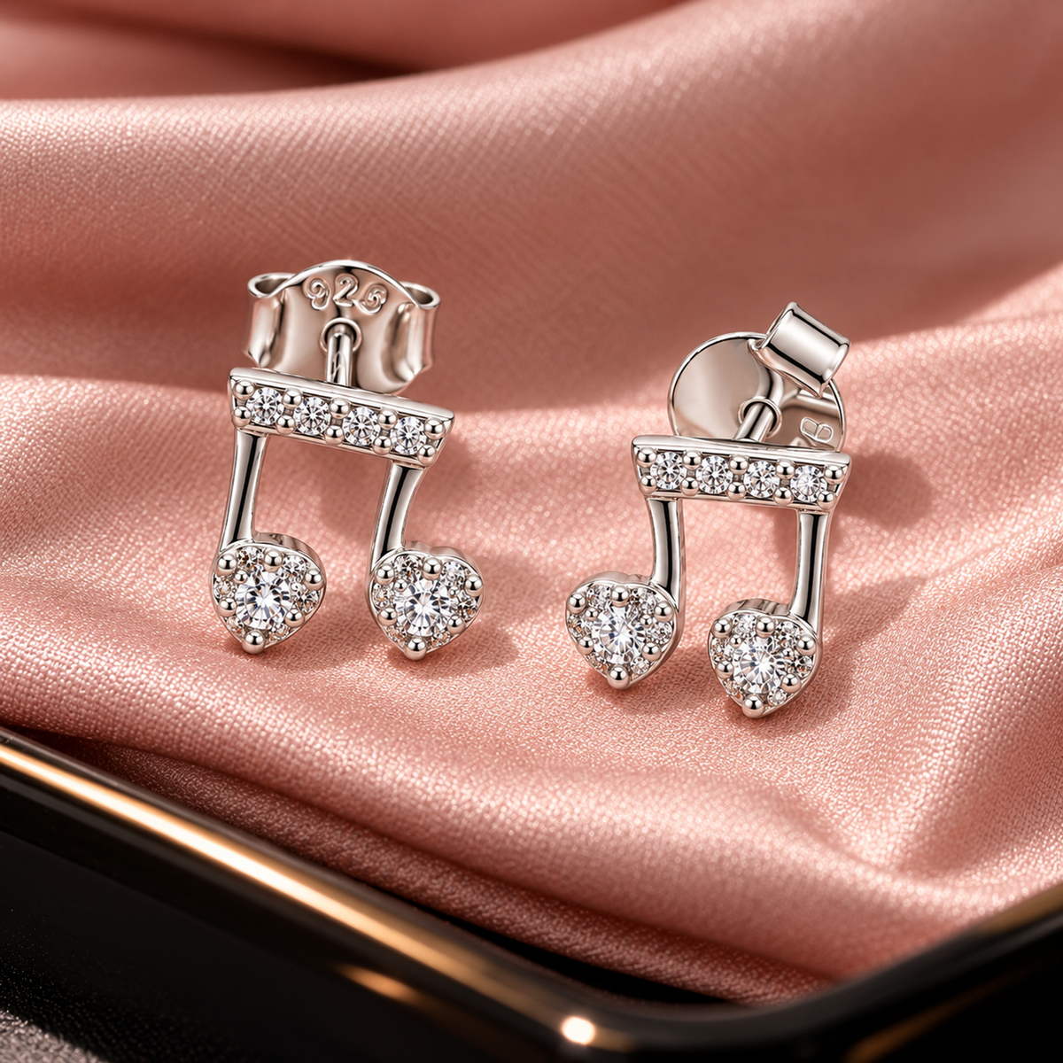 Silver musical note earrings resting on draped blush pink silk over a matte black tray.