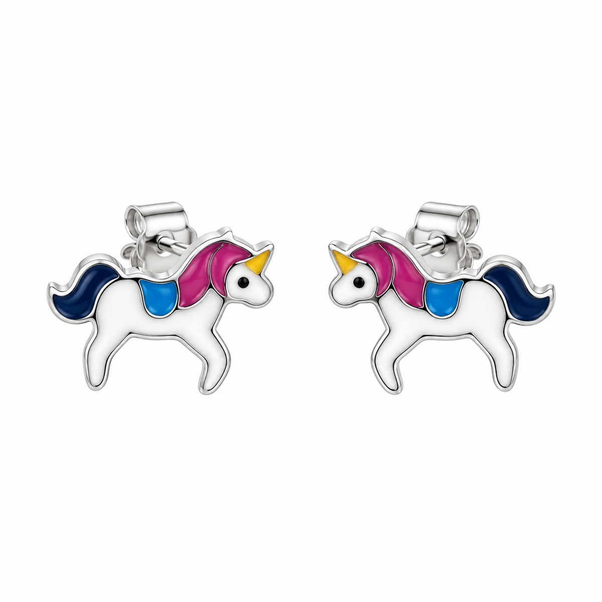 Pair of sterling silver unicorn stud earrings with colourful enamel accents on a white background.