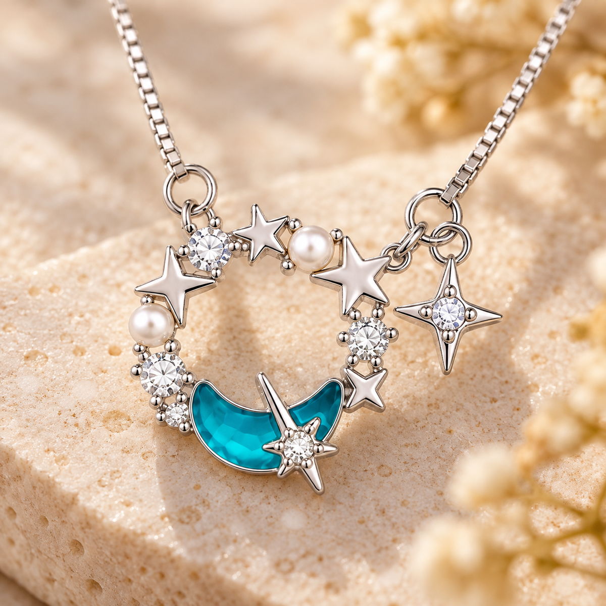 Macro close-up showing detail of blue enamel moon and pearl star wreath pendant.