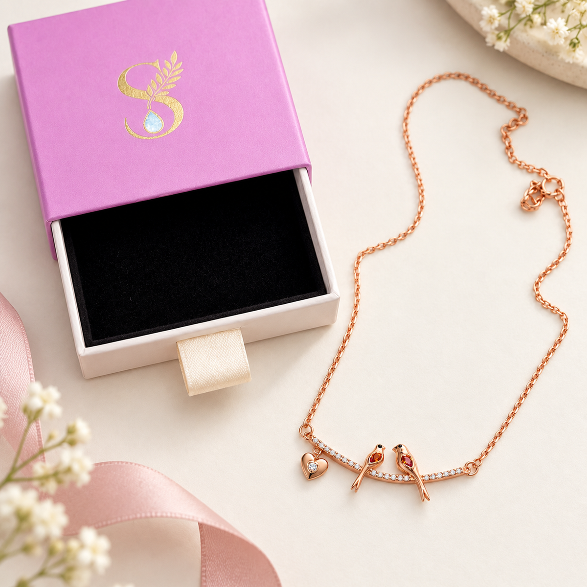 Rose gold lovebirds necklace displayed beside its pale pink Silvanya gift box.