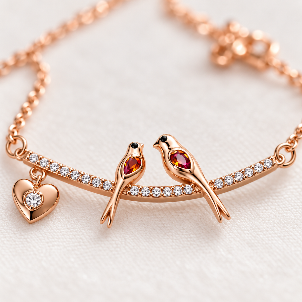 Macro shot detailing the lovebirds motif and pavé stones on rose gold necklace.