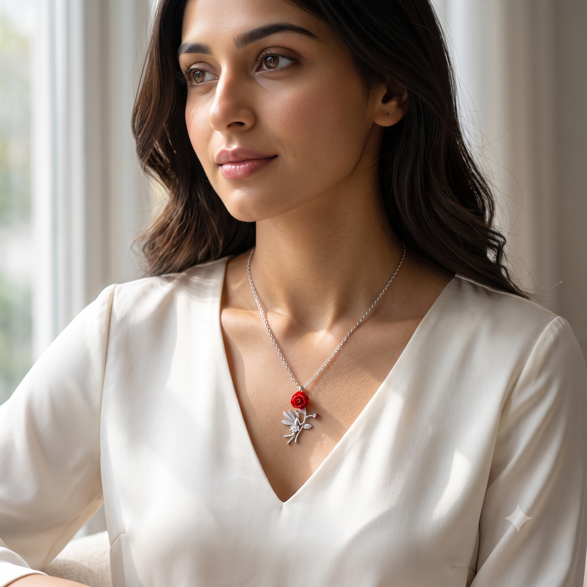 Noya wearing the silver fairy and rose necklace against her collarbone, looking thoughtfully away.