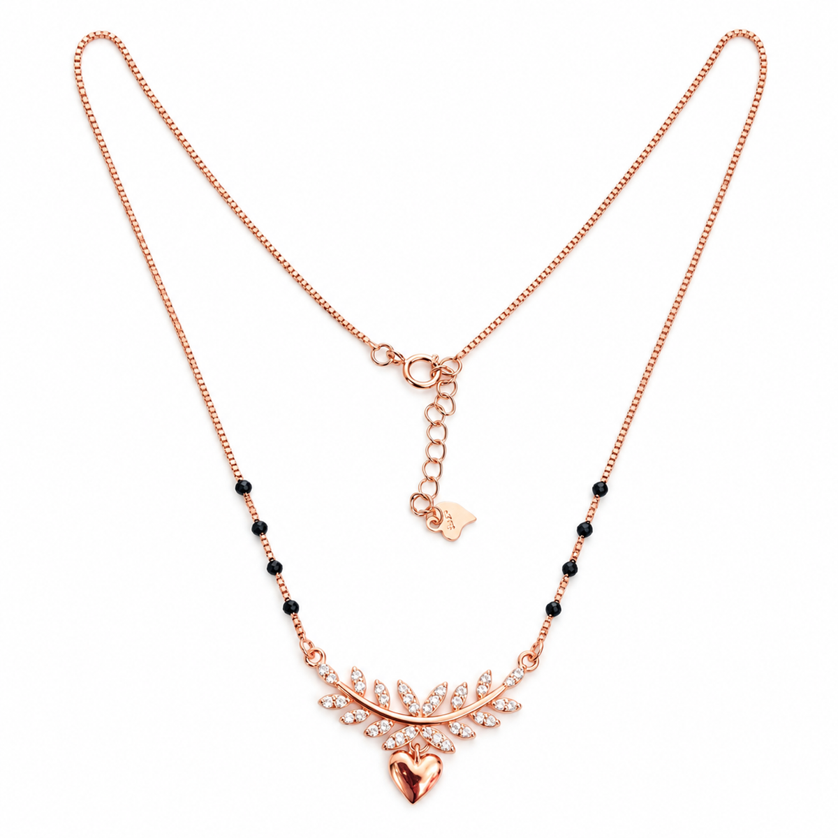 Rose gold infinity mangalsutra necklace with daisy motif centered on white background.