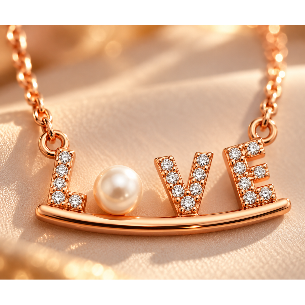 Macro shot showing cubic zirconia setting and pearl on rose gold LOVE pendant.