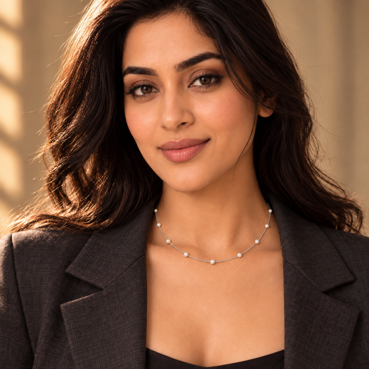 Noya wearing the delicate silver pearl station necklace against a cream silk top.