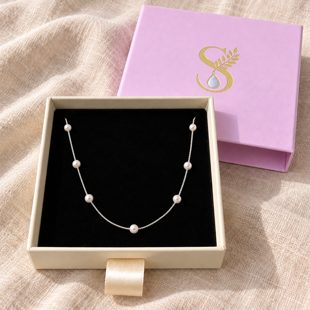 Silvanya magenta drawer box open on ivory linen showing the silver pearl necklace inside.