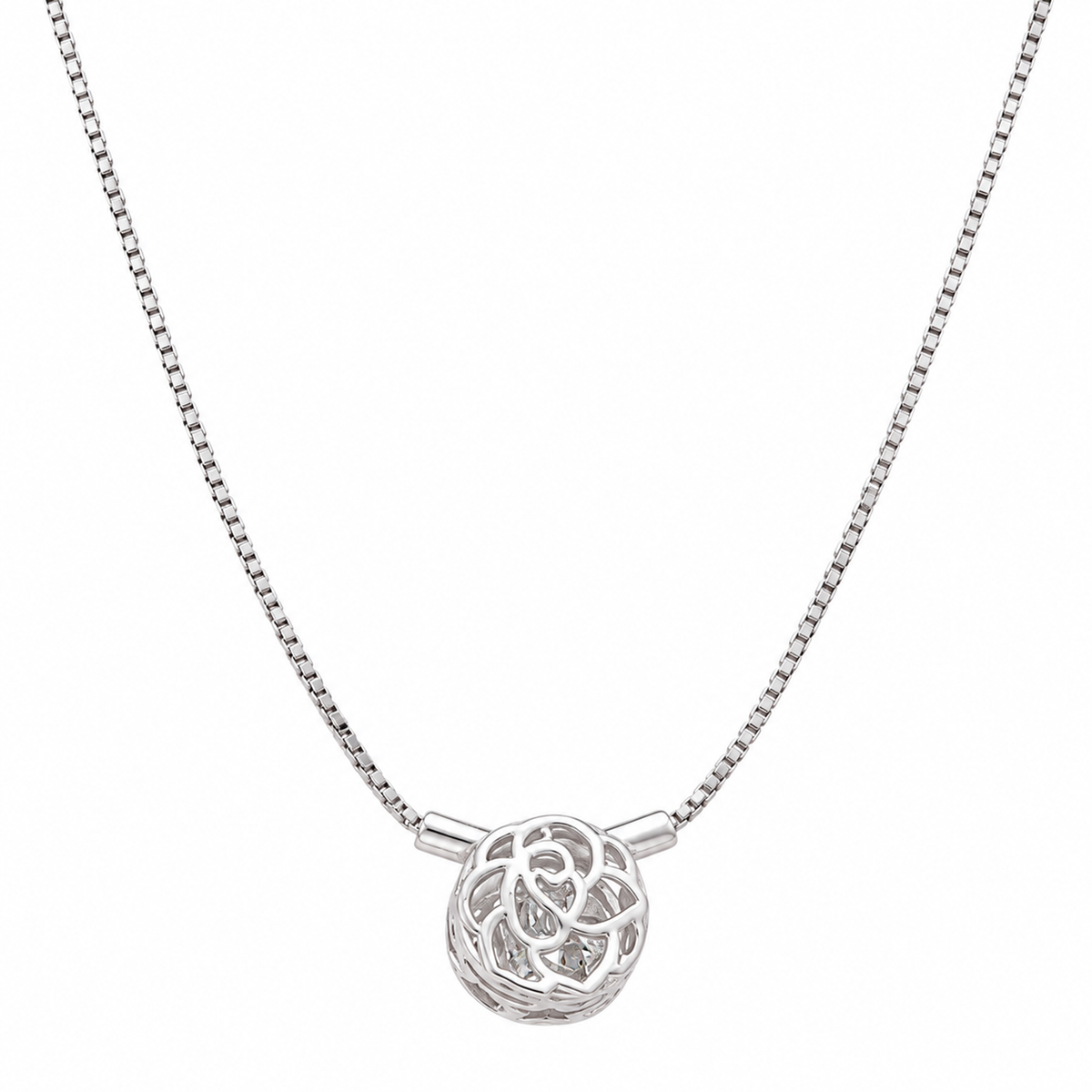 High-polish silver 3D rose cage pendant necklace with a central stone, centered on a white background.