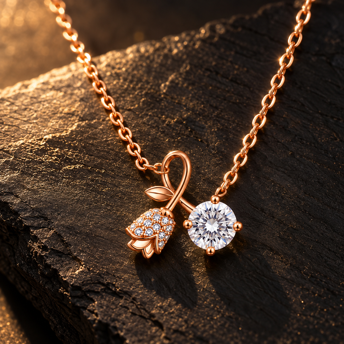 Rose gold pendant necklace resting on dark slate surface highlighted by warm directional spotlighting.