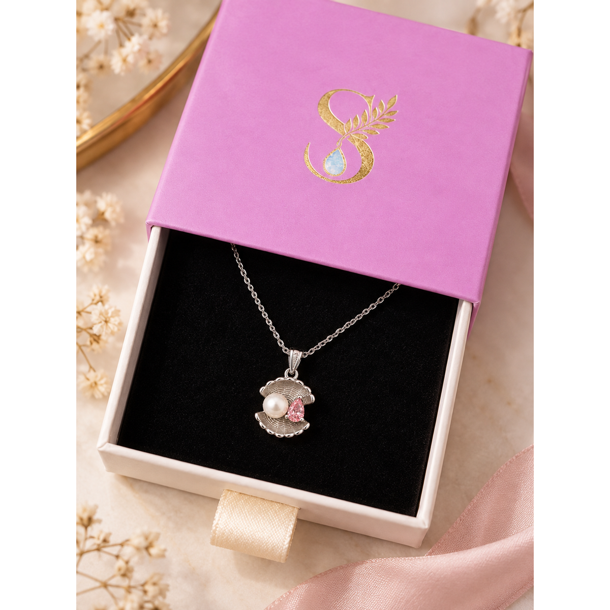 Shell pendant necklace displayed inside an open pale pink Silvanya gift box with black velvet interior.