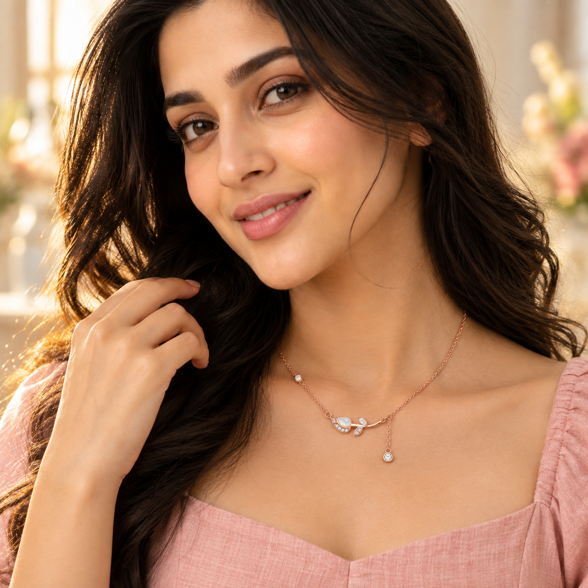 Close-up portrait of model wearing the rose gold tulip necklace with a soft smile.