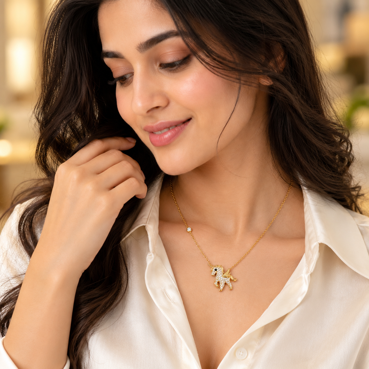 Woman wearing gold winged unicorn necklace with cream silk blouse.
