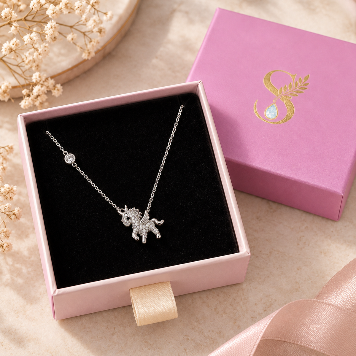 Silver unicorn necklace inside a pink Silvanya gift box with black velvet lining.
