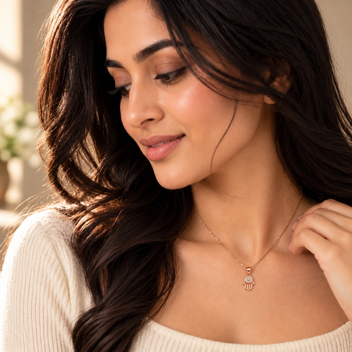Woman wearing delicate rose gold Hamsa pendant with a cream sweater.