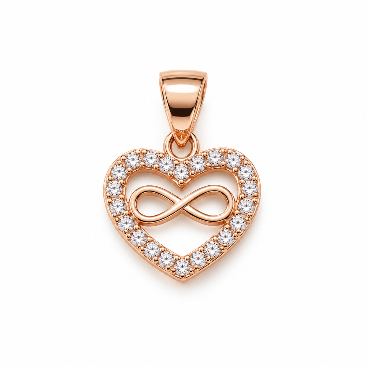 Rose gold heart pendant with an infinity symbol inside, centered on a pure white background.