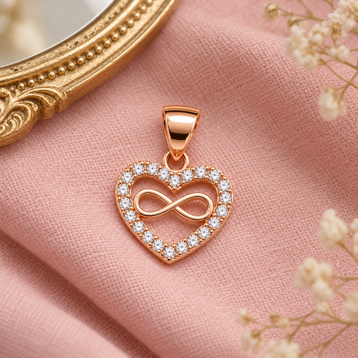 Rose gold heart infinity pendant lying on soft blush pink linen next to a gold antique mirror.