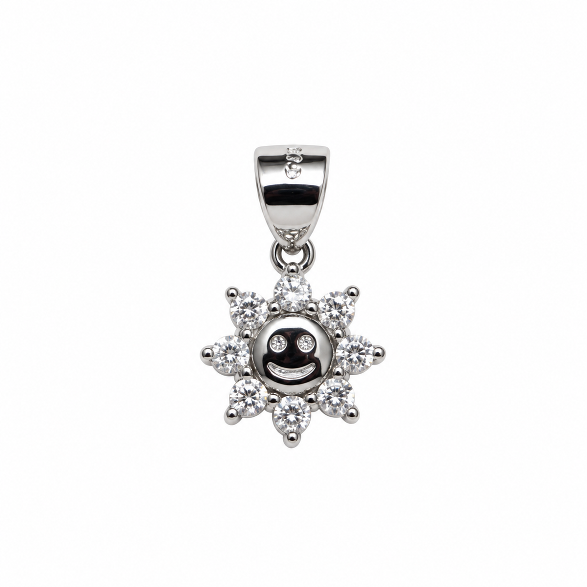 Silver smiling sun pendant with clear stones centered on a pure white background.