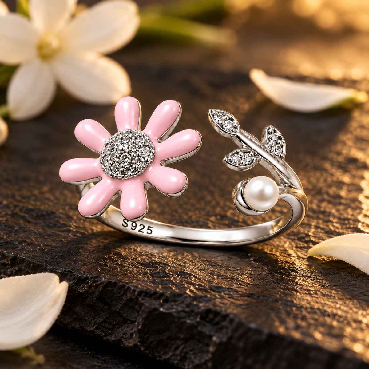 Silver daisy ring with a pearl on a dark slate background accented by small white petals.