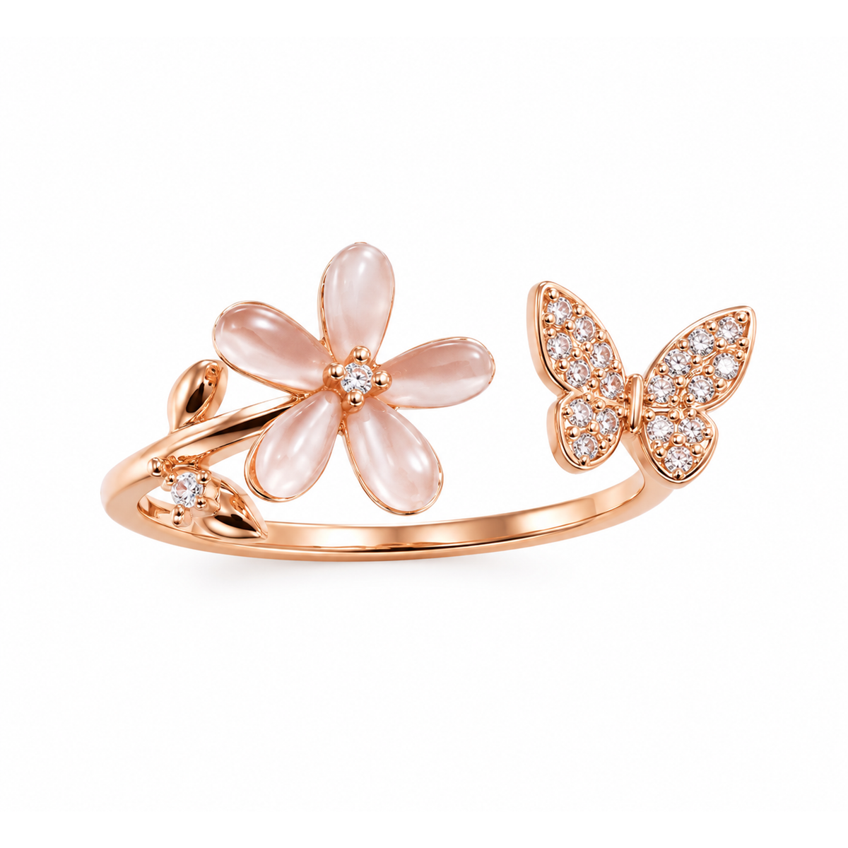 Rose gold silver bypass ring featuring a pink resin flower and pave butterfly on pure white background.