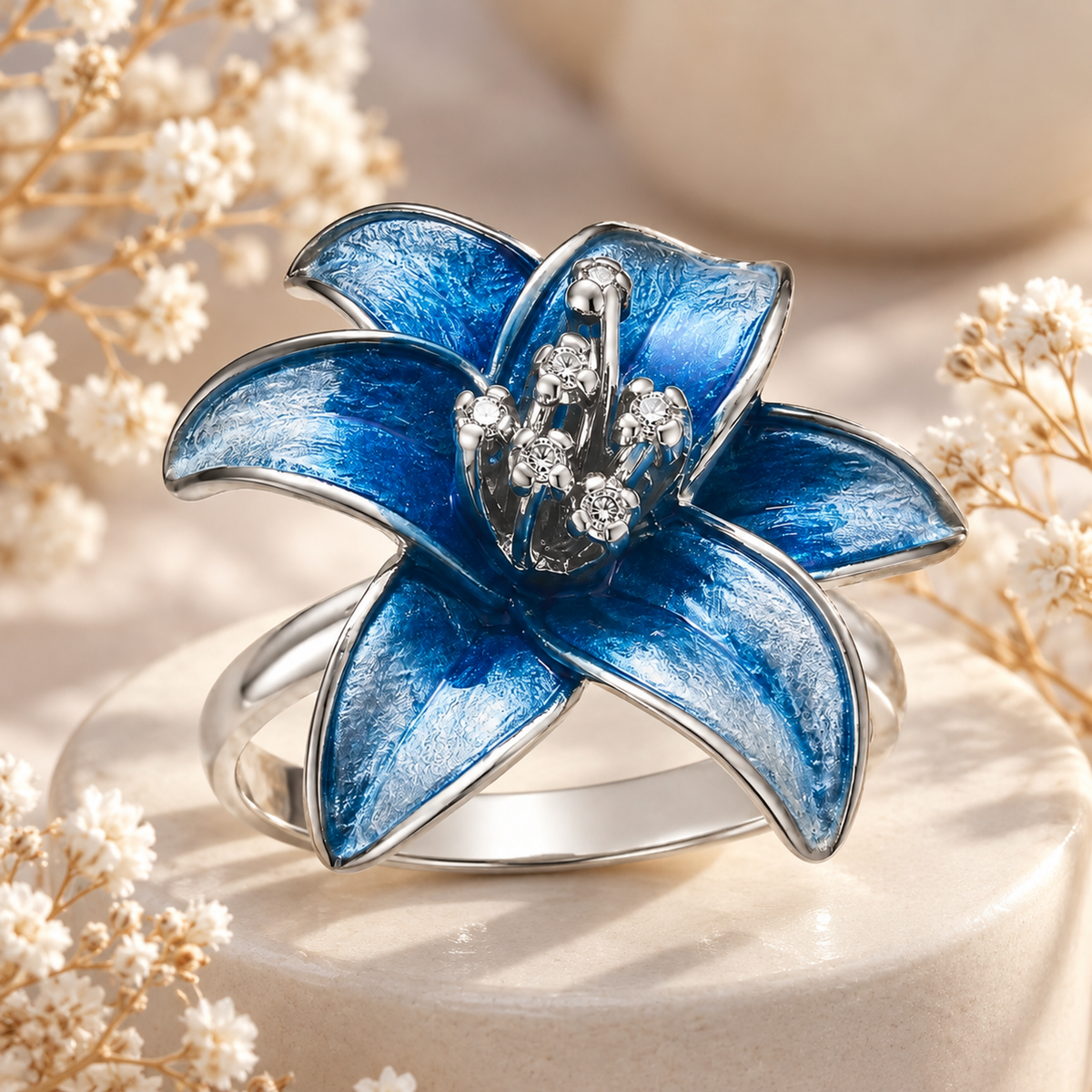 Silver blue lily ring displayed on an ivory pedestal.