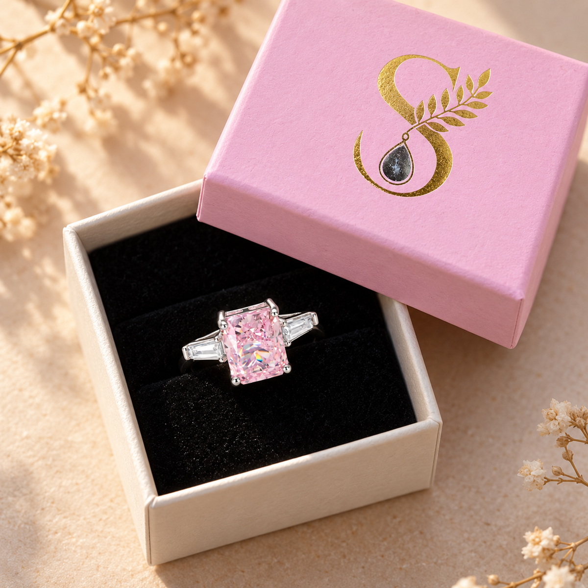A silver ring with a pink stone inside a pale pink and white monogrammed gift box with black velvet interior.