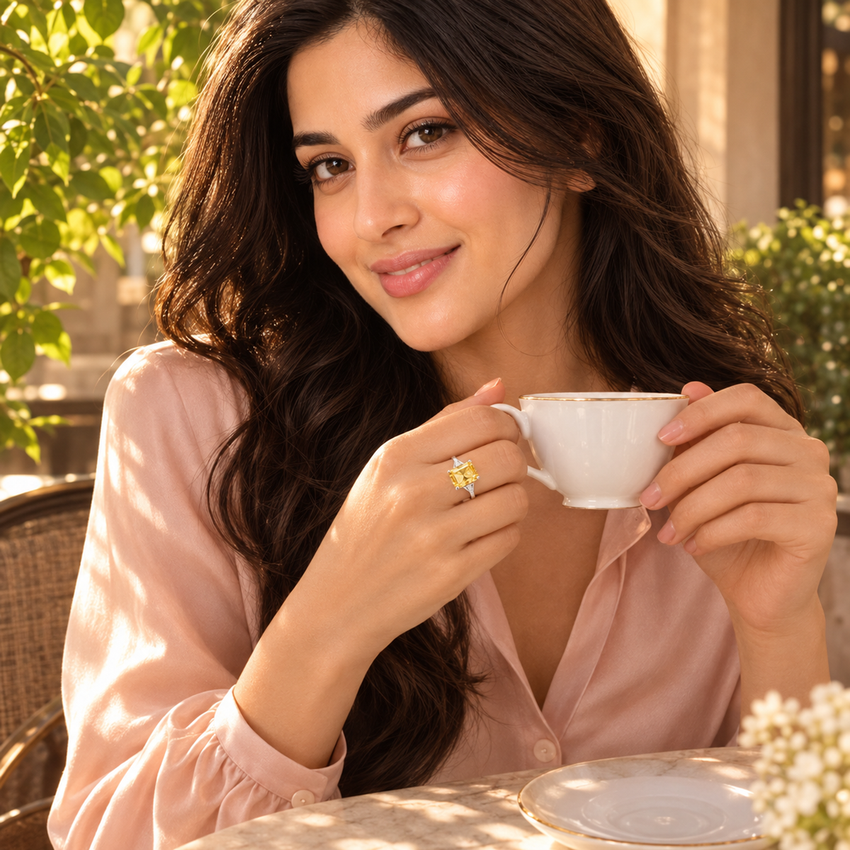 Noya smiling warmly, holding a teacup and wearing a yellow gemstone silver ring on her finger.