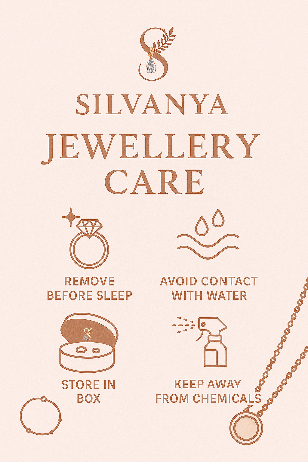 Silvanya jewellery care guide with icons and text on a beige background