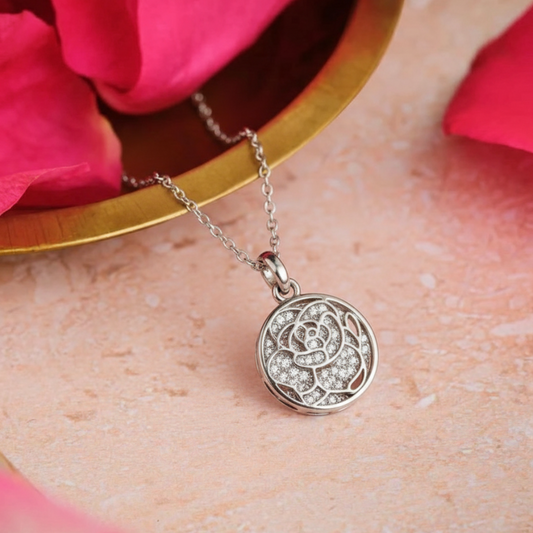 Sterling Silver Reversible Rose & Pavé CZ Round Pendant Necklace