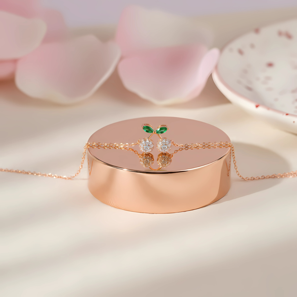 Rose Gold Cherry Pendant Necklace with CZ Stones