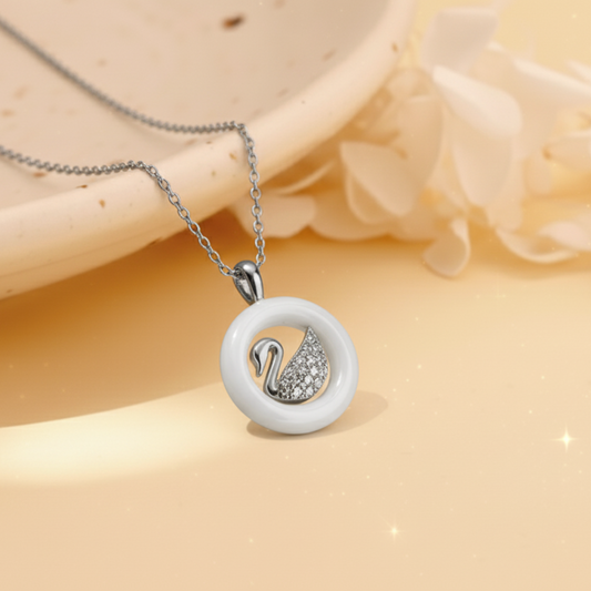Silvanya Swanica Pendant — 925 Sterling Silver + White Inlay, Pavé Stones