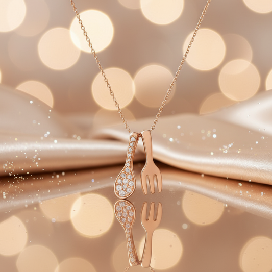 Sterling Silver Rose Gold Color Spoon & Fork Pendant Necklace with CZ! Silvanya