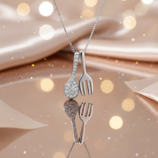 Sterling Silver Spoon & Fork Pendant Necklace with CZ! Silvanya