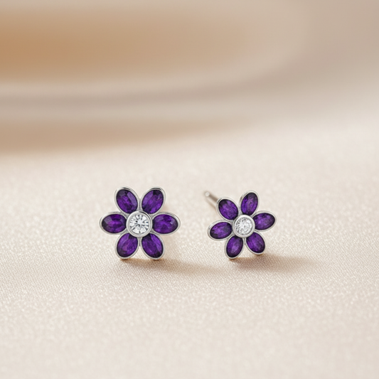 Sterling Silver Purple Flower Stud Earrings with CZ Center