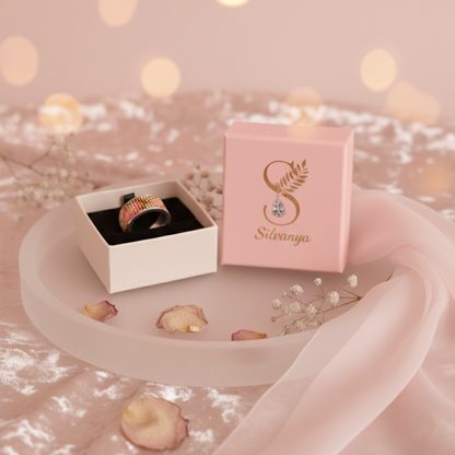 Sterling Silver Ring with Pink & Gold Seed Bead Inlay