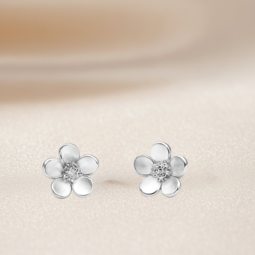 Sterling Silver Floral Stud Earrings with CZ Accents