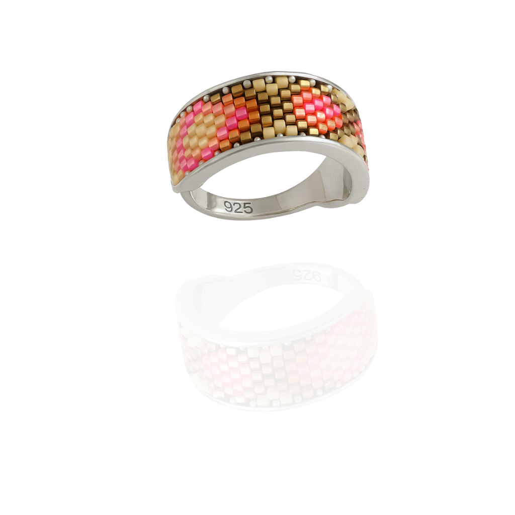 Sterling Silver Ring with Pink, Gold, and Brown Seed Bead Inlay