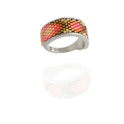 Sterling Silver Ring with Pink, Gold, and Brown Seed Bead Inlay