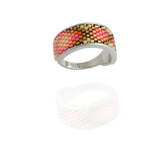 Sterling Silver Ring with Pink, Gold, and Brown Seed Bead Inlay