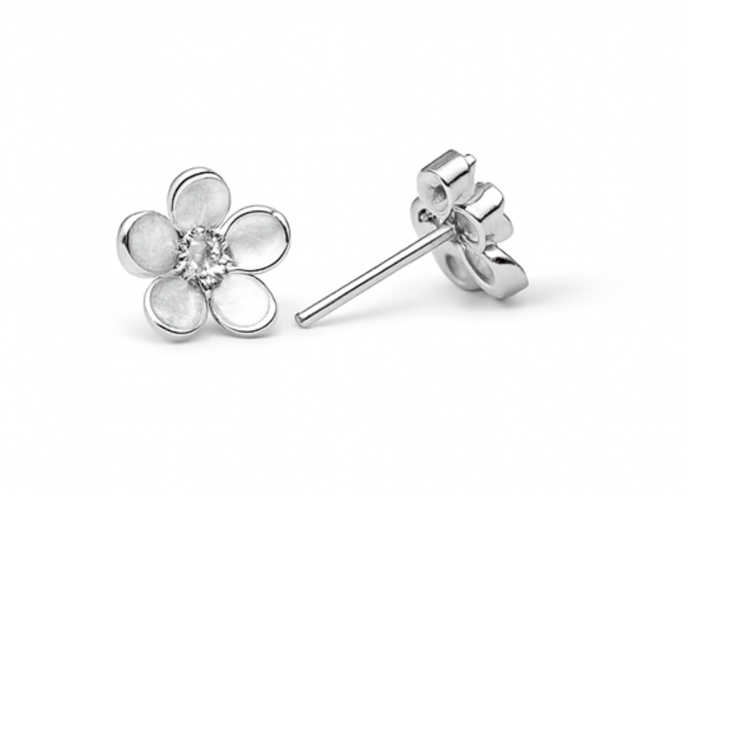 Sterling Silver Floral Stud Earrings with CZ Accents