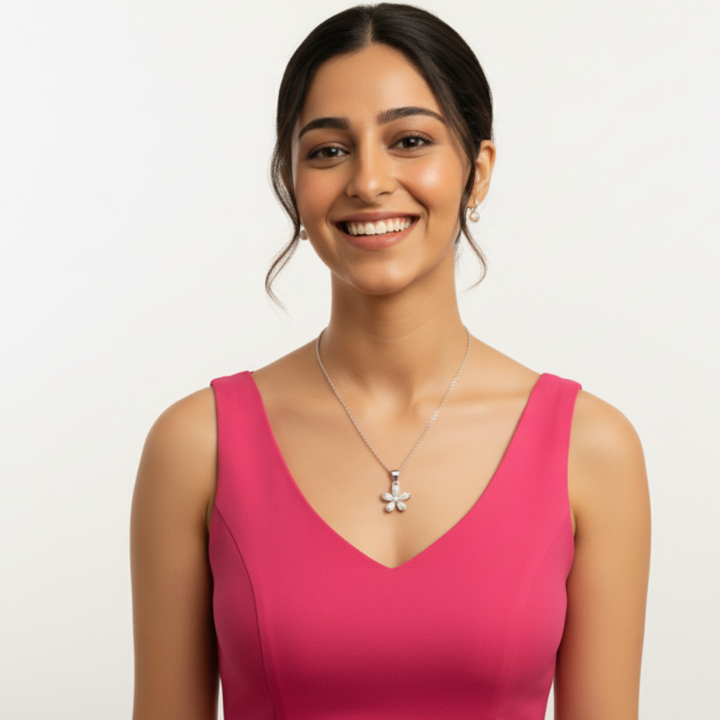 Sterling Silver Flower Pendant Necklace with Pearl Petals & CZ Center Silvanya