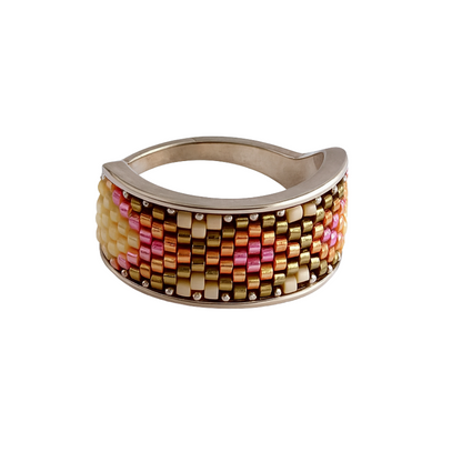 Sterling Silver Ring with Pink & Gold Seed Bead Inlay