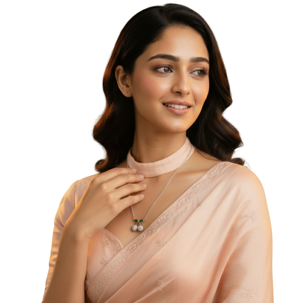 Sterling Silver Cherry Pendant Necklace with CZ Stones & Green Enamel