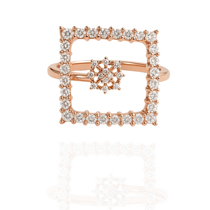Rose Gold Square Frame Ring with Diamond Cluster Center