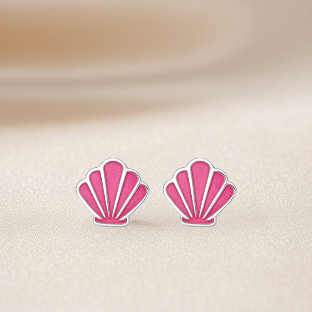 Sterling Silver Pink Seashell Stud Earrings with Enamel