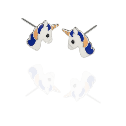Sterling Silver Unicorn Stud Earrings with Black & Orange Enamel